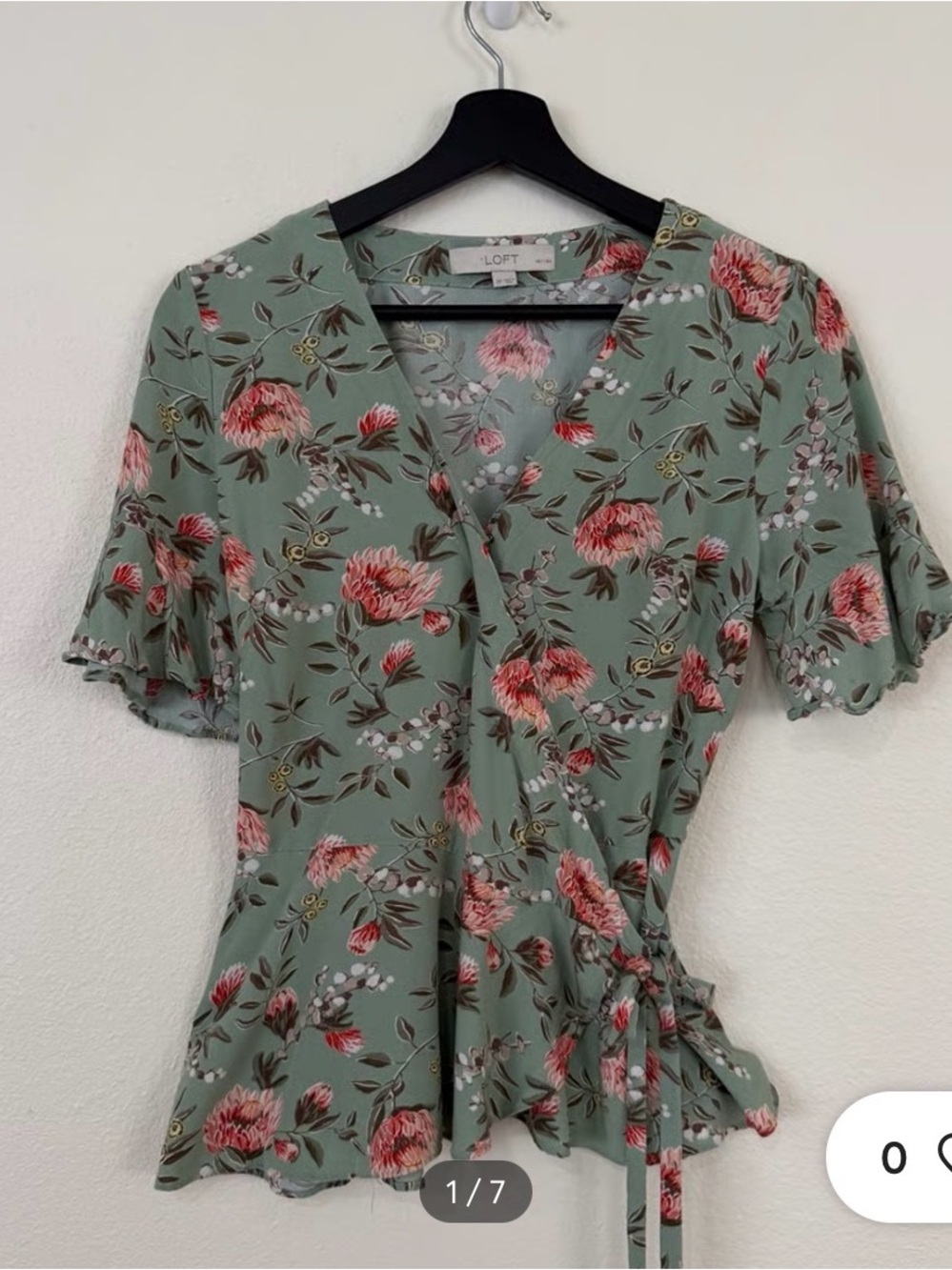 LOFT Sage Green Floral Wrap Blouse with Pink Blooms